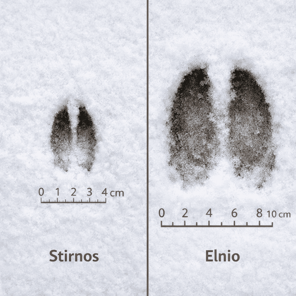 Stirnos ir elnio pėdsakai: kaip atskirti iš pėdų