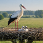 Baltasis gandras stovi aukštame šakų lizde šalia dviejų jauniklių
