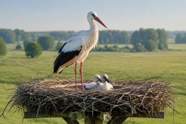Baltasis gandras stovi aukštame šakų lizde šalia dviejų jauniklių