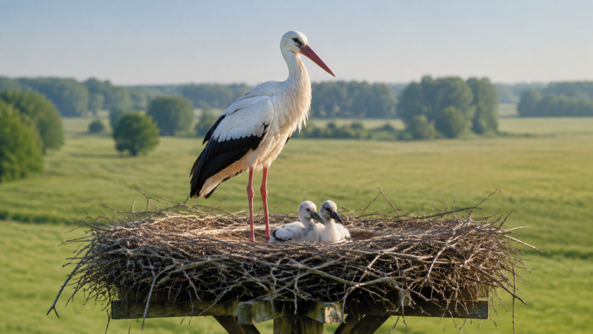 Baltasis gandras stovi aukštame šakų lizde šalia dviejų jauniklių