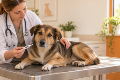 Ramus šuo veterinarijos klinikoje tikrinamas skaitmeniniu termometru – AI sukurta iliustracija