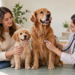 Veterinarė apžiūri suaugusį šunį, o šeimininkė laiko šuniuką – AI iliustracija