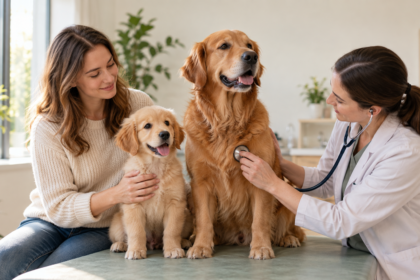 Veterinarė apžiūri suaugusį šunį, o šeimininkė laiko šuniuką – AI iliustracija