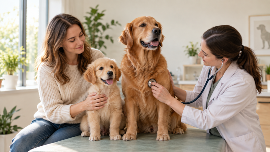 Veterinarė apžiūri suaugusį šunį, o šeimininkė laiko šuniuką – AI iliustracija