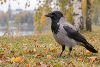 Pilkoji varna rudeniškame parke – AI sukurta iliustracija