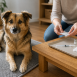 Ramus šuo šalia švariai paruoštų veterinaro paskirtos poodinės injekcijos priemonių – AI iliustracija