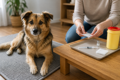 Ramus šuo šalia švariai paruoštų veterinaro paskirtos poodinės injekcijos priemonių – AI iliustracija
