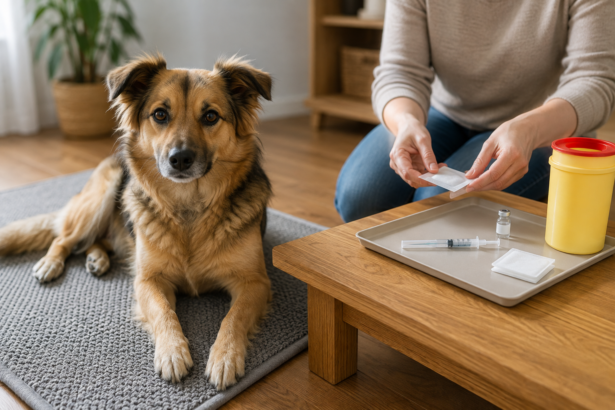 Ramus šuo šalia švariai paruoštų veterinaro paskirtos poodinės injekcijos priemonių – AI iliustracija
