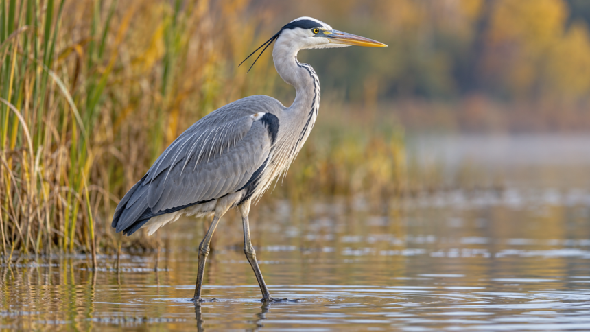 Suaugęs pilkasis garnys Ardea cinerea sekliame vandenyje, matyti pilki sparnai, juoda galvos juosta ir ilgas snapas – AI iliustracija.