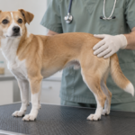 Nedidelis rusvai baltas šuo stovi ant veterinarinės apžiūros stalo, veterinaras ramiai laiko ranką ties jo klubu.