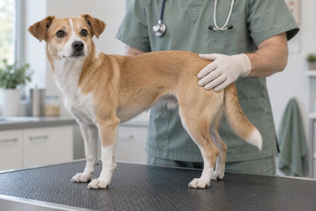 Nedidelis rusvai baltas šuo stovi ant veterinarinės apžiūros stalo, veterinaras ramiai laiko ranką ties jo klubu.