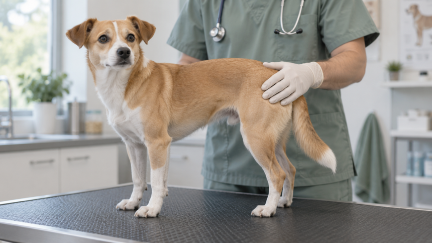 Nedidelis rusvai baltas šuo stovi ant veterinarinės apžiūros stalo, veterinaras ramiai laiko ranką ties jo klubu.
